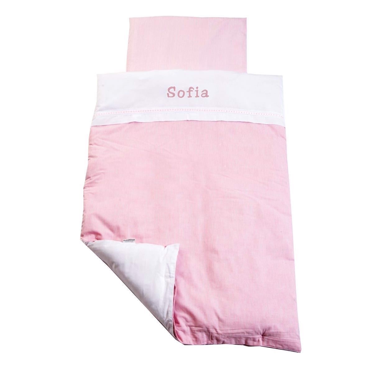 Baby sengetøj lyserødmed navn babytrold
